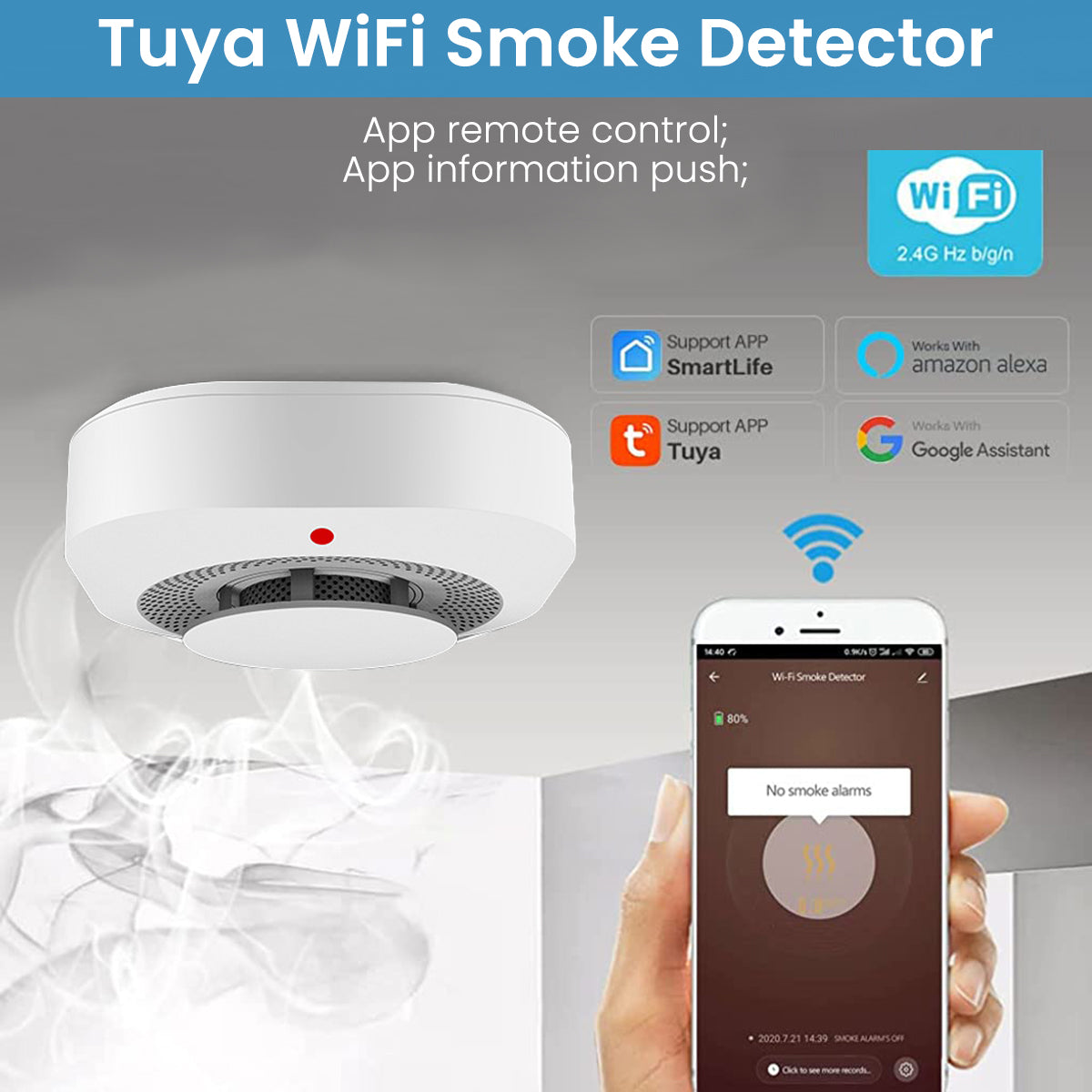 HASTHIP Smoke Detector with Alarm Fire-Retardant ABS Smoke Detector with 80db Alarm Sound Smart WiFi Smoke Alarm with Auto App Push Notification, Battery Powered for Home Office Bedroom HASTHIP Smoke Detector with Alarm Fire-Retardant ABS Smoke Detector with 80db Alarm Sound Smart WiFi Smoke Alarm with Auto App Push Notification, Battery Powered for Home Office Bedroom